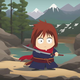 A high-quality digital art image of Kenshin Himura from Rurouni Kenshin as a South Park character