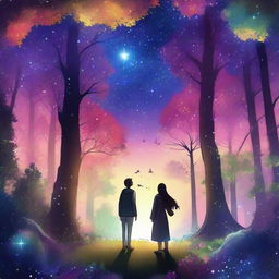 Two individuals standing amidst a mystical and enchanting forest filled with glowing fauna and vibrant flora, under a sky twinkling with stars.