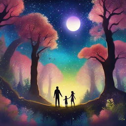 Two individuals standing amidst a mystical and enchanting forest filled with glowing fauna and vibrant flora, under a sky twinkling with stars.