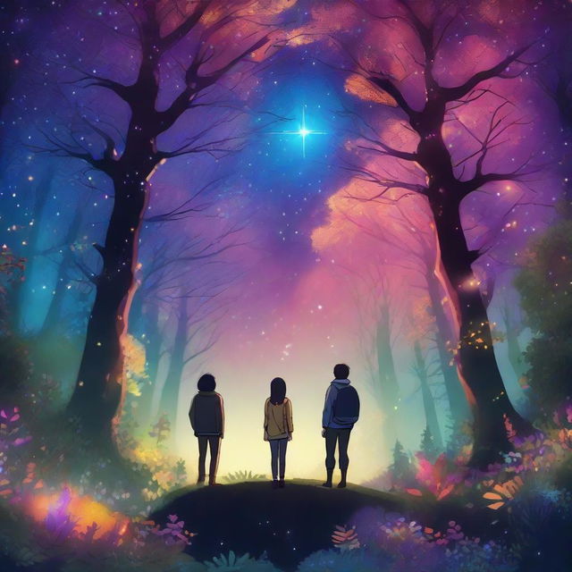 Two individuals standing amidst a mystical and enchanting forest filled with glowing fauna and vibrant flora, under a sky twinkling with stars.