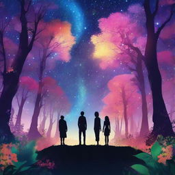 Two individuals standing amidst a mystical and enchanting forest filled with glowing fauna and vibrant flora, under a sky twinkling with stars.