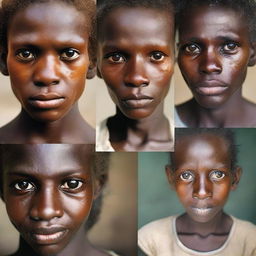 Four distinct portraits of malnourished individuals from different backgrounds, each displaying a common glimmer of hope and shared determination in their eyes