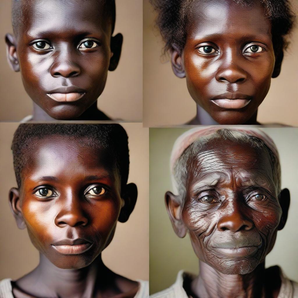 Four distinct portraits of malnourished individuals from different backgrounds, each displaying a common glimmer of hope and shared determination in their eyes