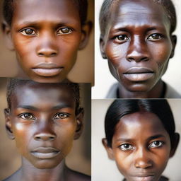 Four distinct portraits of malnourished individuals from different backgrounds, each displaying a common glimmer of hope and shared determination in their eyes