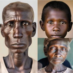 Four distinct portraits of malnourished individuals from different backgrounds, each displaying a common glimmer of hope and shared determination in their eyes