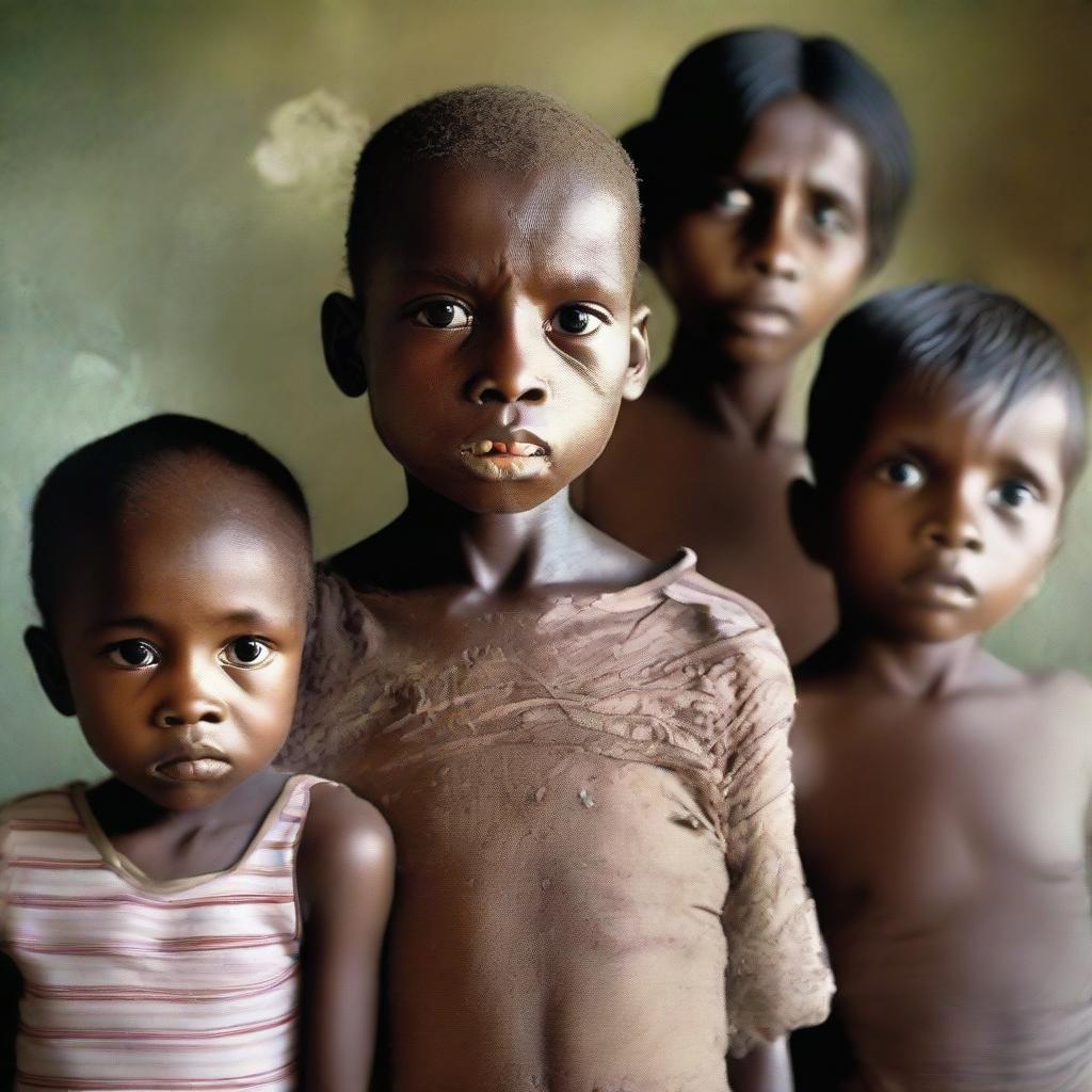 A powerful image illustrating the unfortunate condition of malnutrition through individuals' expressions and physical appearances from diverse backgrounds, fostering a strong sense of empathy and understanding