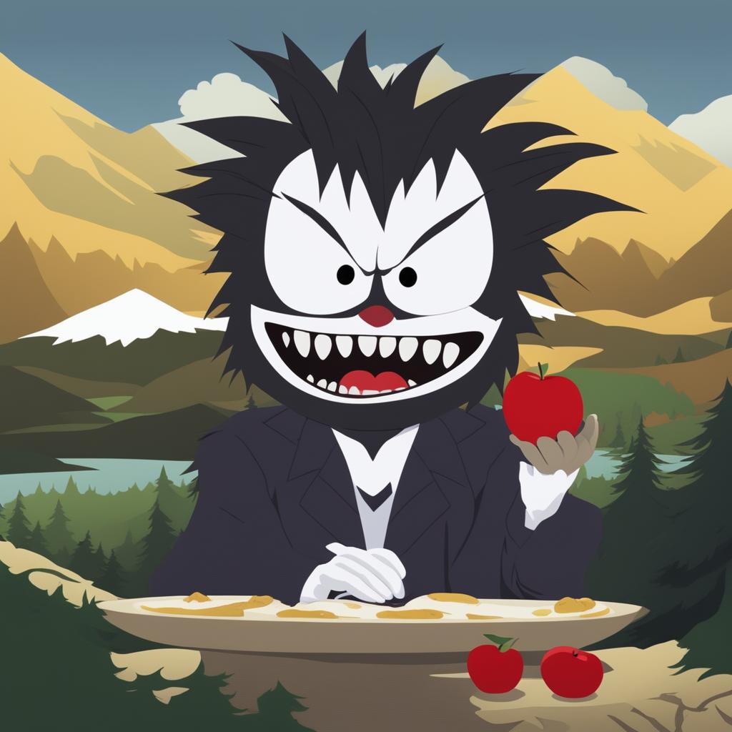 A high-quality digital art image of Ryuk from Death Note as a South Park character