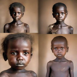 Four separate images each showcasing malnourished children from distinct backgrounds, highlighting their resilience and spirit despite the challenges posed by their circumstances