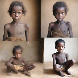 Four separate images each showcasing malnourished children from distinct backgrounds, highlighting their resilience and spirit despite the challenges posed by their circumstances