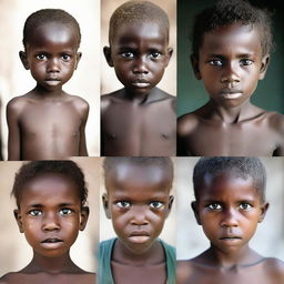 Four separate images each showcasing malnourished children from distinct backgrounds, highlighting their resilience and spirit despite the challenges posed by their circumstances