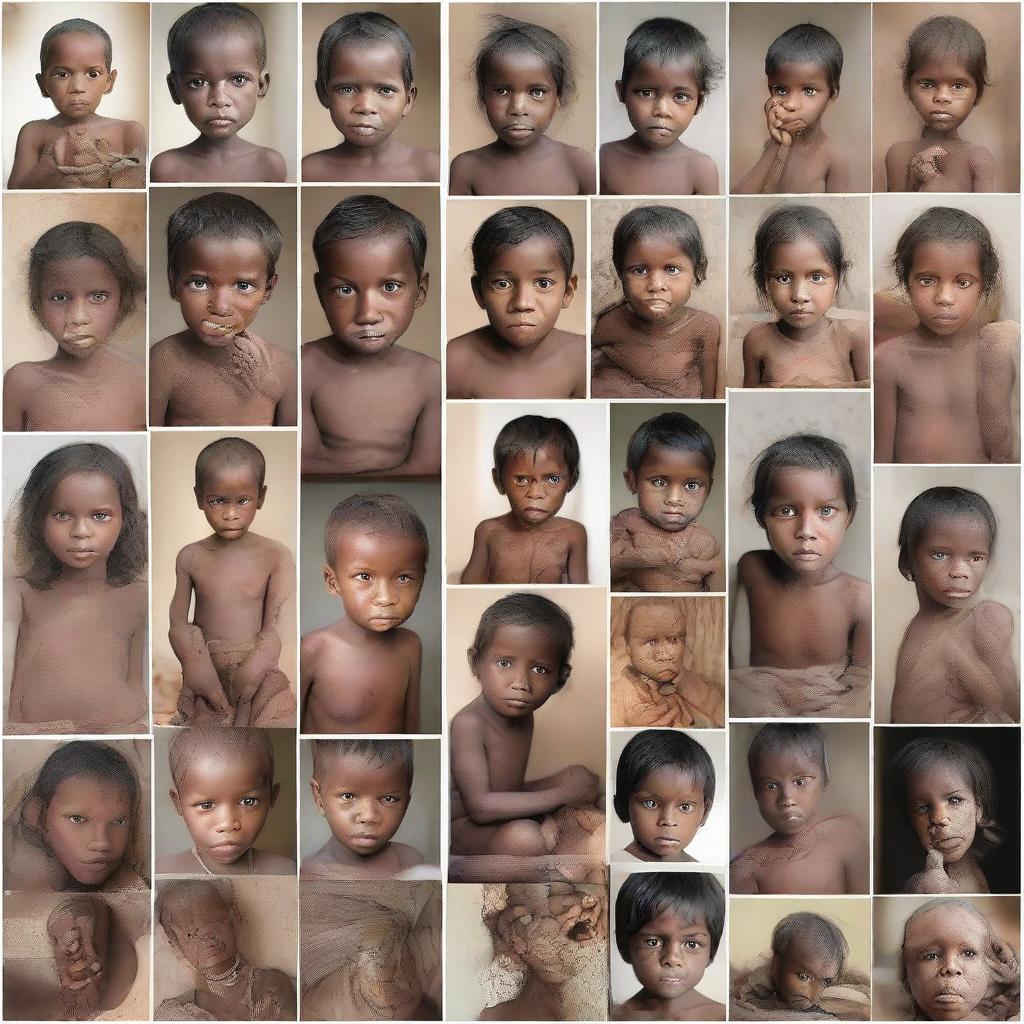 A collection of individual images depicting malnourished children from diverse cultures and locations, each conveying a unique story of resilience and strength