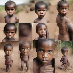 A collection of individual images depicting malnourished children from diverse cultures and locations, each conveying a unique story of resilience and strength