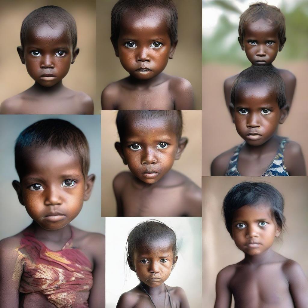 A collection of individual images depicting malnourished children from diverse cultures and locations, each conveying a unique story of resilience and strength