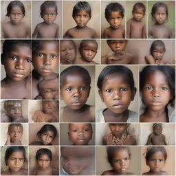 A series of images showing malnourished children from different ethnicities worldwide, with each picture revealing their struggle and strength amidst adversity