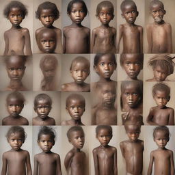 A series of images showing malnourished children from different ethnicities worldwide, with each picture revealing their struggle and strength amidst adversity