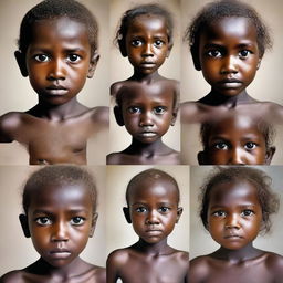 A series of images showing malnourished children from different ethnicities worldwide, with each picture revealing their struggle and strength amidst adversity