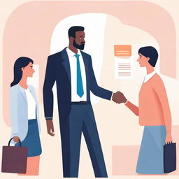 An engaging depiction of relationship marketing, illustrating clients in a warm interaction with a business person. The scene conveys trust and long-term commitment, that defines this marketing strategy.