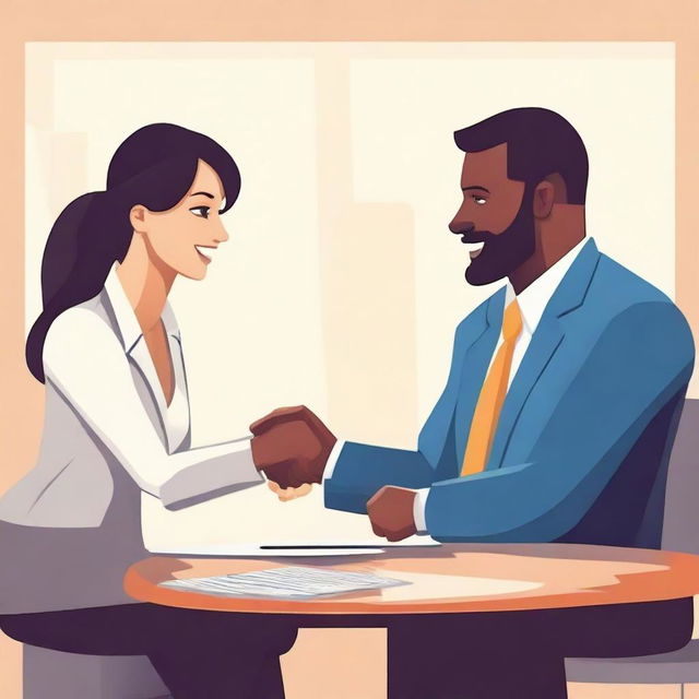 An engaging depiction of relationship marketing, illustrating clients in a warm interaction with a business person. The scene conveys trust and long-term commitment, that defines this marketing strategy.