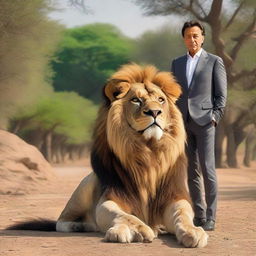 A composed and dignified Imran Khan standing beside a majestic lion in a serene outdoor setting.