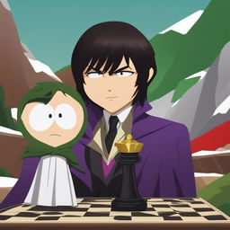 A high-quality digital art image of Lelouch Lamperouge from Code Geass as a South Park character