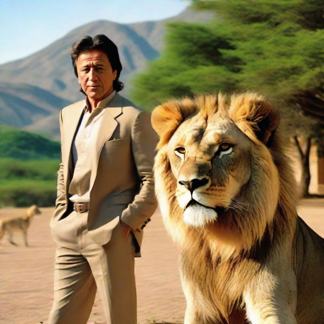 A composed and dignified Imran Khan standing beside a majestic lion in a serene outdoor setting.