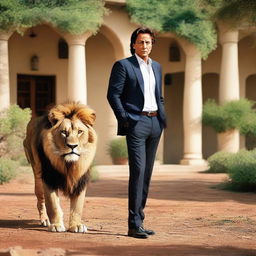 A composed and dignified Imran Khan standing beside a majestic lion in a serene outdoor setting.