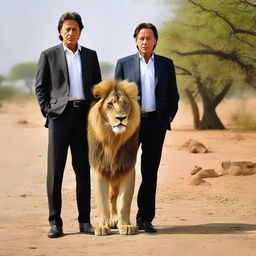 A composed and dignified Imran Khan standing beside a majestic lion in a serene outdoor setting.