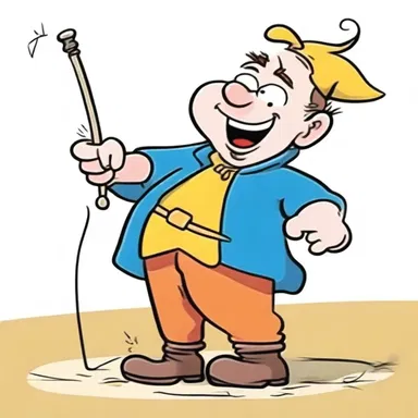 In the cartoon, the mischievous character poked himself with a spindle and got a comical reaction.