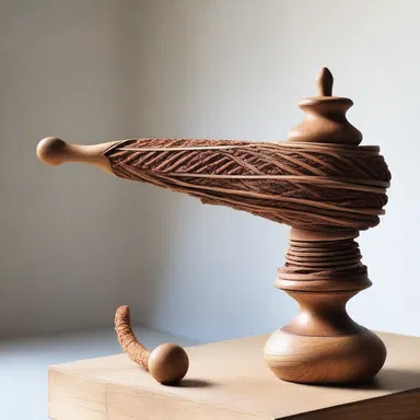 The artist skillfully crafted a sculpture of a spindle out of wood, highlighting its importance in ancient textile production.