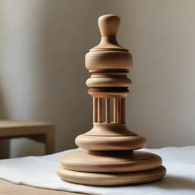 The artist skillfully crafted a sculpture of a spindle out of wood, highlighting its importance in ancient textile production.