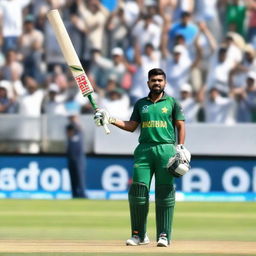 Babar Azam enthusiastically raising his bat in triumph on a cricket field, encircled by cheering crowds, under a banner proclaiming 'History Made'.