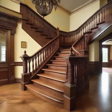 The grand staircase in the mansion featured ornate spindles, showcasing the craftsmanship of the woodwork.