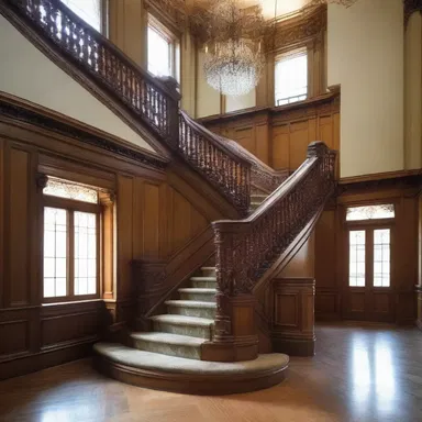 The grand staircase in the mansion featured ornate spindles, showcasing the craftsmanship of the woodwork.