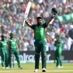 Babar Azam enthusiastically raising his bat in triumph on a cricket field, encircled by cheering crowds, under a banner proclaiming 'History Made'.