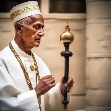 The priest held a sacred spindle, symbolizing the eternal cycle of birth, death, and rebirth in the rituals of the ancient religious ceremony.