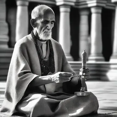 The priest held a sacred spindle, symbolizing the eternal cycle of birth, death, and rebirth in the rituals of the ancient religious ceremony.