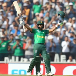 Babar Azam enthusiastically raising his bat in triumph on a cricket field, encircled by cheering crowds, under a banner proclaiming 'History Made'.