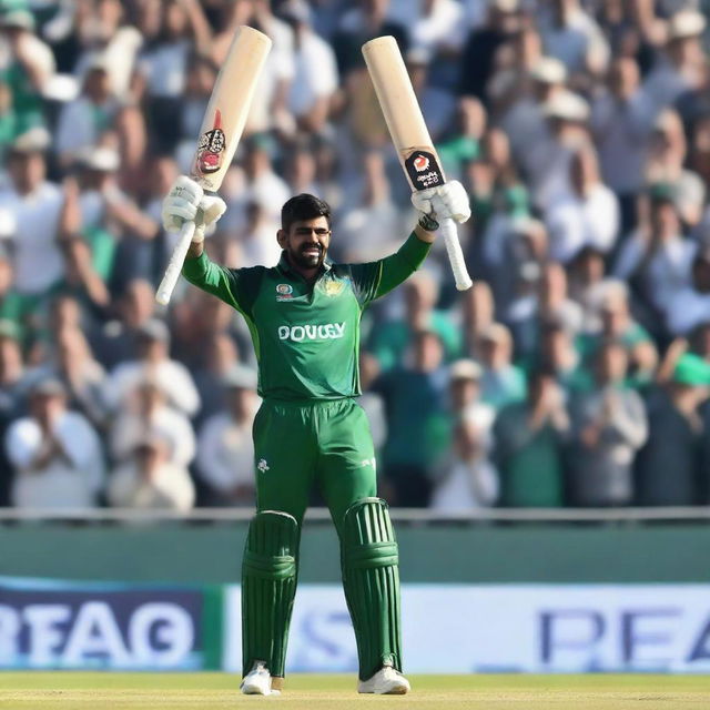 Babar Azam enthusiastically raising his bat in triumph on a cricket field, encircled by cheering crowds, under a banner proclaiming 'History Made'.