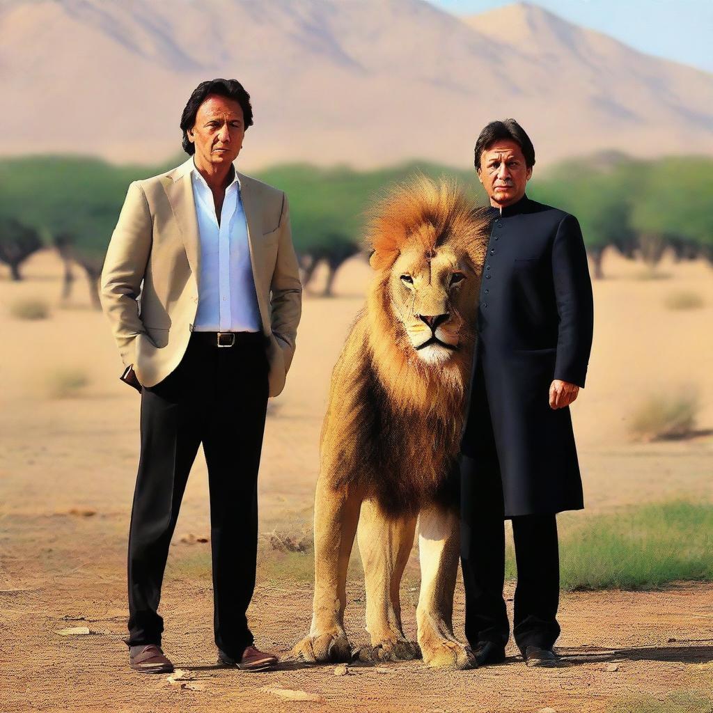 Imran Khan, the politician, standing beside a majestic lion in a peaceful demeanor.