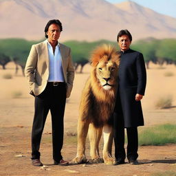 Imran Khan, the politician, standing beside a majestic lion in a peaceful demeanor.