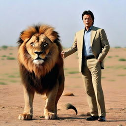 Imran Khan, the politician, standing beside a majestic lion in a peaceful demeanor.