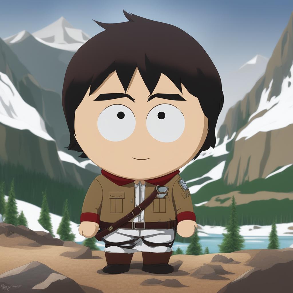 A high-quality digital art image of Eren Yeager from Attack on Titan as a South Park character