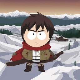 A high-quality digital art image of Eren Yeager from Attack on Titan as a South Park character