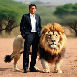 Imran Khan, the politician, standing beside a majestic lion in a peaceful demeanor.