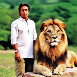 Imran Khan, the politician, standing beside a majestic lion in a peaceful demeanor.