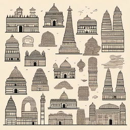 Hand-drawn, artistic doodles representing the culture, heritage, and landmarks of Bihar, India.