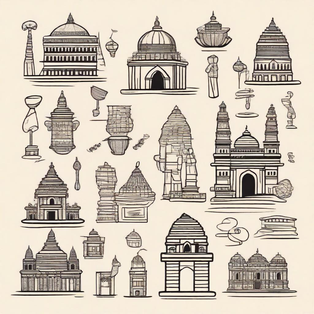 Hand-drawn, artistic doodles representing the culture, heritage, and landmarks of Bihar, India.