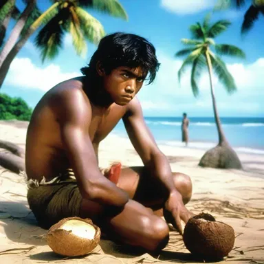 The protagonist, stranded on a deserted island, was ravenous and resorted to eating coconuts and raw fish to survive in the film.