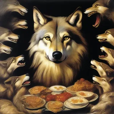 The painting depicted a ravenous wolf surrounded by a pack of hungry eyes, symbolizing the artist's insatiable appetite for success.