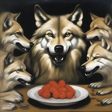 The painting depicted a ravenous wolf surrounded by a pack of hungry eyes, symbolizing the artist's insatiable appetite for success.